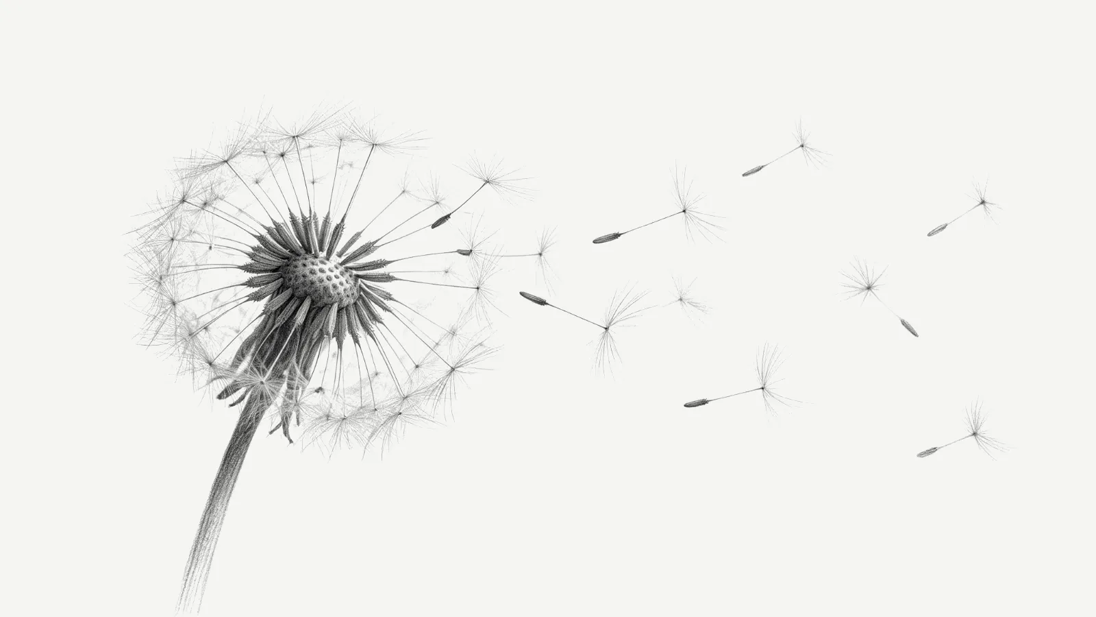 A pencil drawing of a dandelion, its seeds blowing away