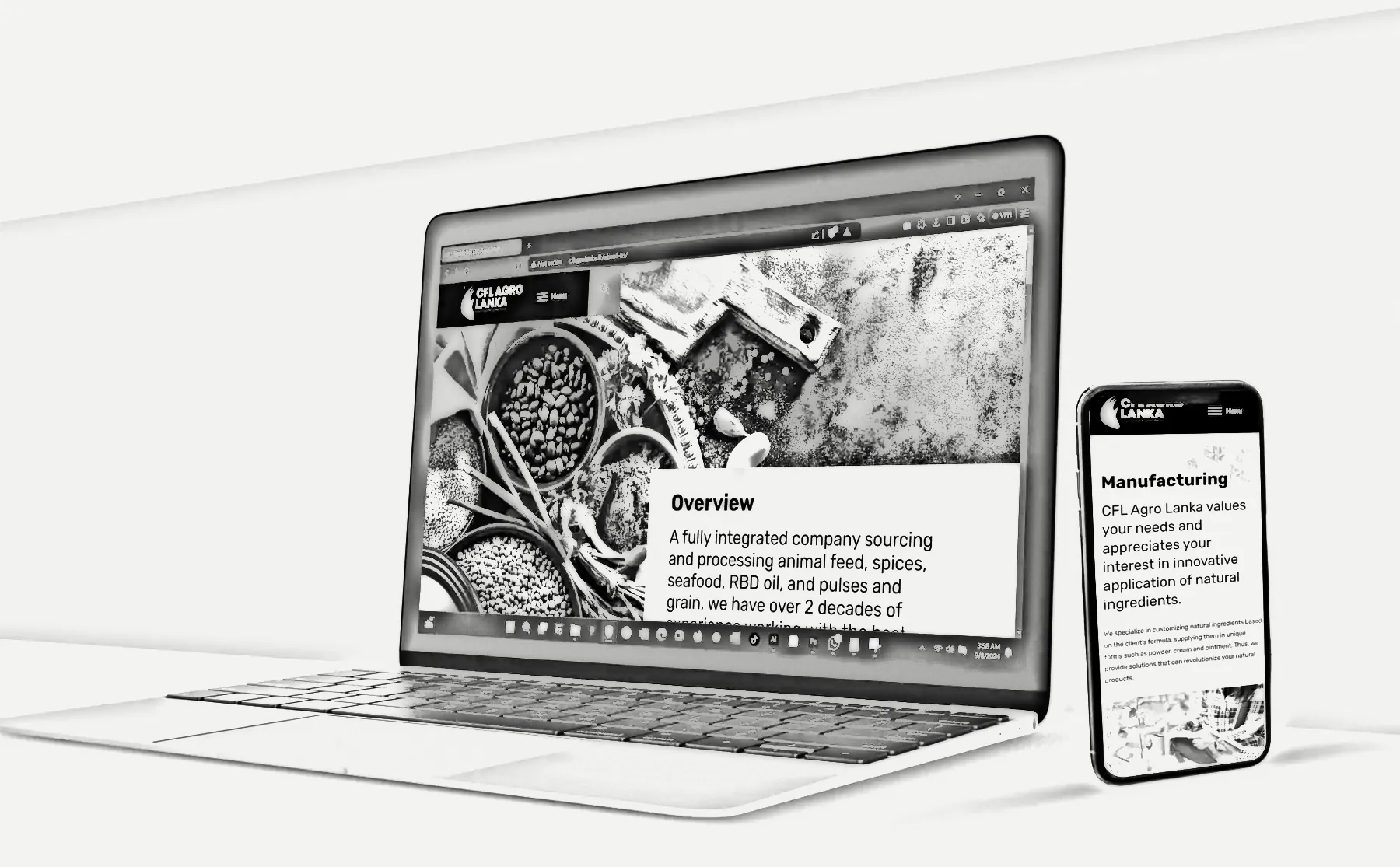 A pencil drawing of the CFL Agro Lanka website on a laptop and a phone